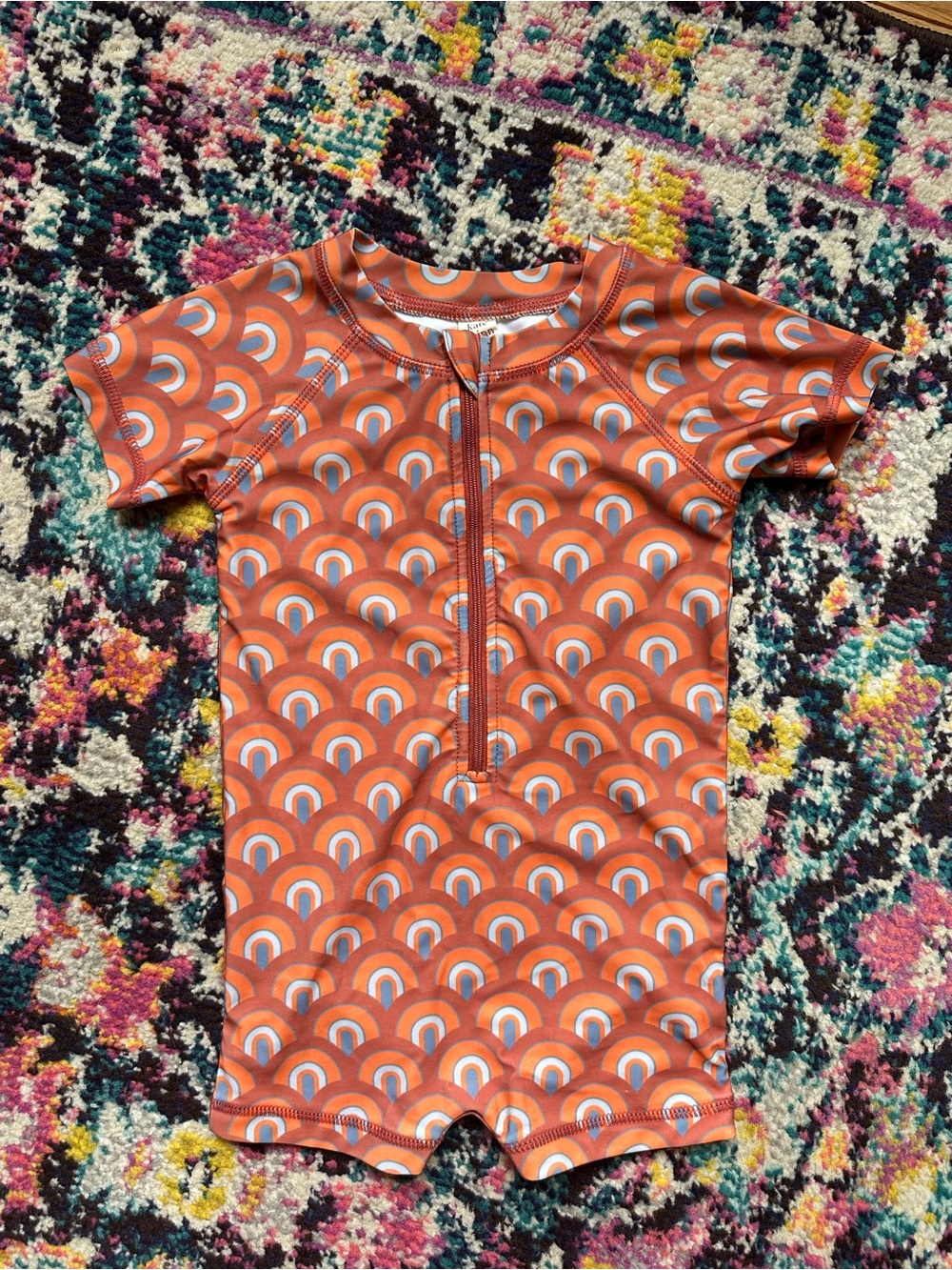 Kate Quinn Rainbow Short Sleeve Zip Swim Rashguard 2T